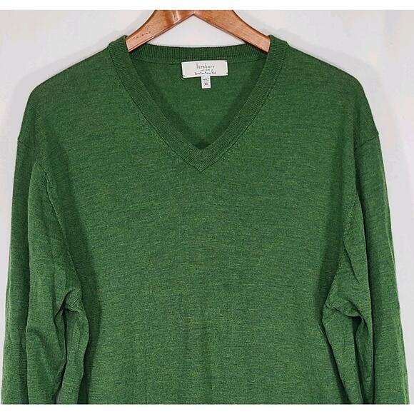 Turnbury Men's Extra Fine Merino Wool V-Neck Sweater Green XL - Picture 1 of 9